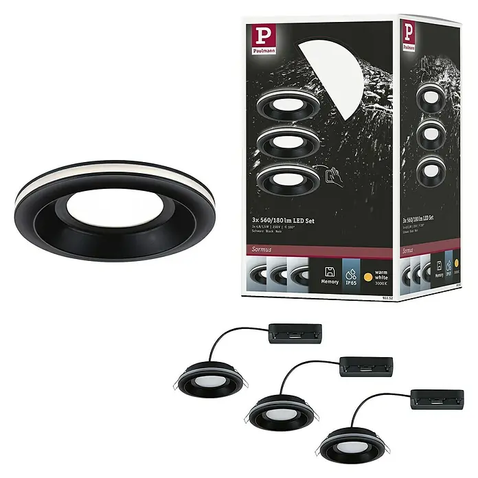 Paulmann Einbauleuchten-Set Sormus - 19,5 W, Ø x H: 10 x 3,3 cm, Schwarz, 3 Stk., Warmweiß - Das Paulmann Sormus 3er LED Set, bestehend aus schwarzen Einbauspots, perfekt für stimmungsvolle Beleuchtung.