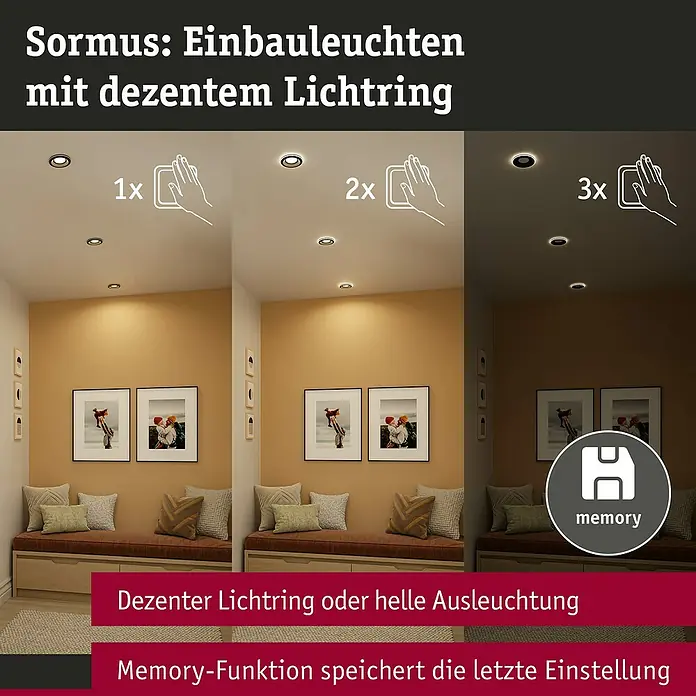 Paulmann Einbauleuchte Sormus - 6,5 W, Ø x H: 10 x 3,3 cm, Schwarz, 1 Stk., Warmweiß - Sormus Einbauleuchten mit dezentem Lichtring. Dimmbare Leuchten mit Memory Funktion für angenehme Lichtatmosphäre.