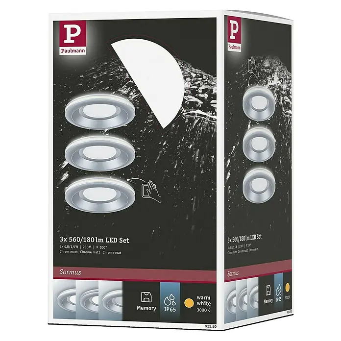 Paulmann Set de focos empotrables Sormus - 19,5 W, Ø x Al: 10 x 3,3 cm, Plata, 3 ud., Blanco cálido - Focos empotrables LED Paulmann Sormus, un conjunto de 3 en acabado cromo mate, perfectos para iluminación ambiental con protección IP65.