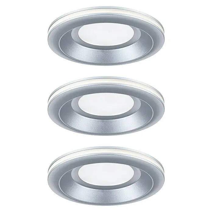Paulmann Einbauleuchten-Set Sormus - 19,5 W, Ø x H: 10 x 3,3 cm, Chrom matt, 3 Stk., Warmweiß - Nahaufnahme von drei versenkten LED-Deckenleuchten mit silberner Einfassung und kreisförmigem Design, die modernes Beleuchtungsdesign zeigen.