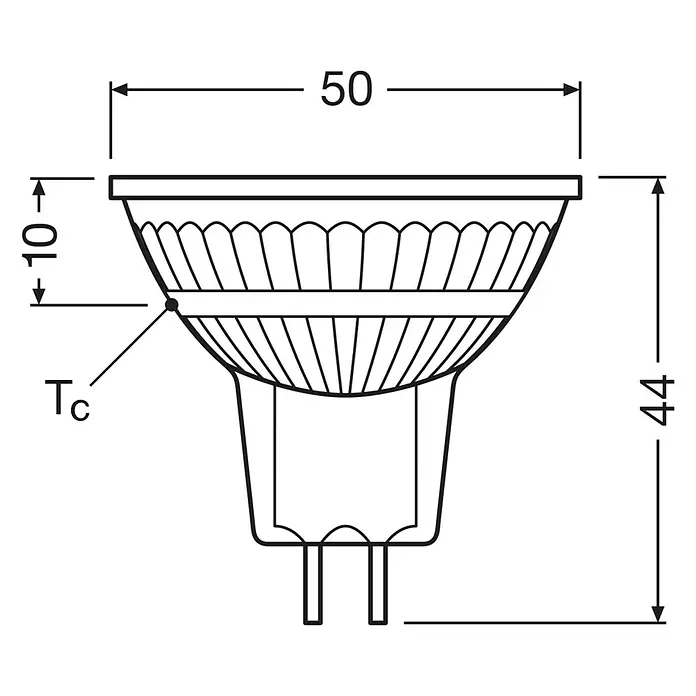 Osram LED-Lampe Pin G4 MR16 - GU5,3, Dimmbar, Warmweiß, 621 lm, 7,8 W - Produktabbildung mit Maßangaben: 50 mm Breite, 10 mm Höhe oben und 44 mm Gesamthöhe.