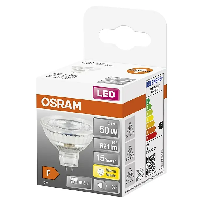 Osram LED-Lampe Pin G4 MR16 - GU5,3, Nicht Dimmbar, Warmweiß, 621 lm, 6,5 W - OSRAM LED MR16 GU5.3 Leuchtmittel in weißer und oranger Verpackung, mit Spezifikationen wie 6.5W, 621 Lumen und F-Energieeffizienz.