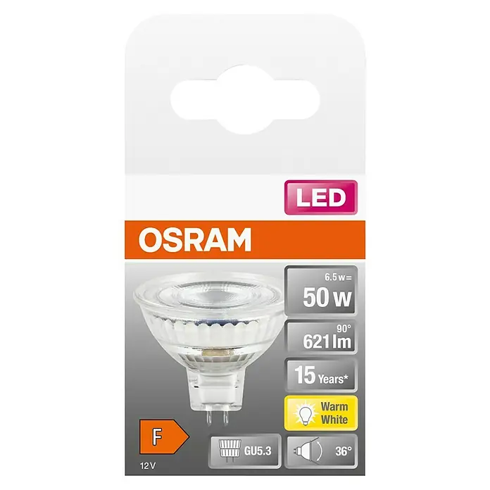 Osram LED-Lampe Pin G4 MR16 - GU5,3, Nicht Dimmbar, Warmweiß, 621 lm, 6,5 W - OSRAM LED Lampe, GU5.3 Sockel, 12V, für warmweißes Licht.