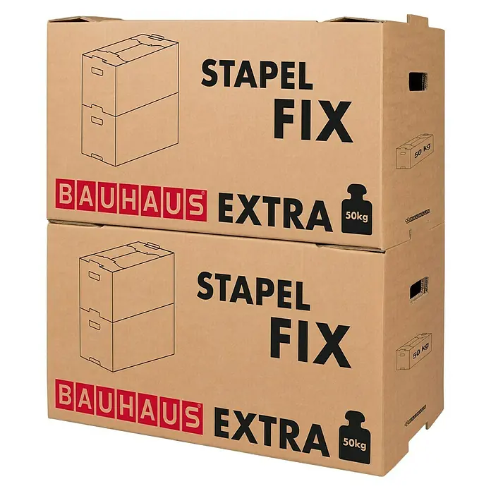 BAUHAUS Umzugskarton Stapel Fix Extra - Traglast: 50 kg, L x B x H: 71 x 36 x 39,5 cm - Zwei Bauhaus Extra Stapel Fix Umzugskartons, belastbar bis 50 kg, gestapelt. Ideal für Umzüge und Lagerung.