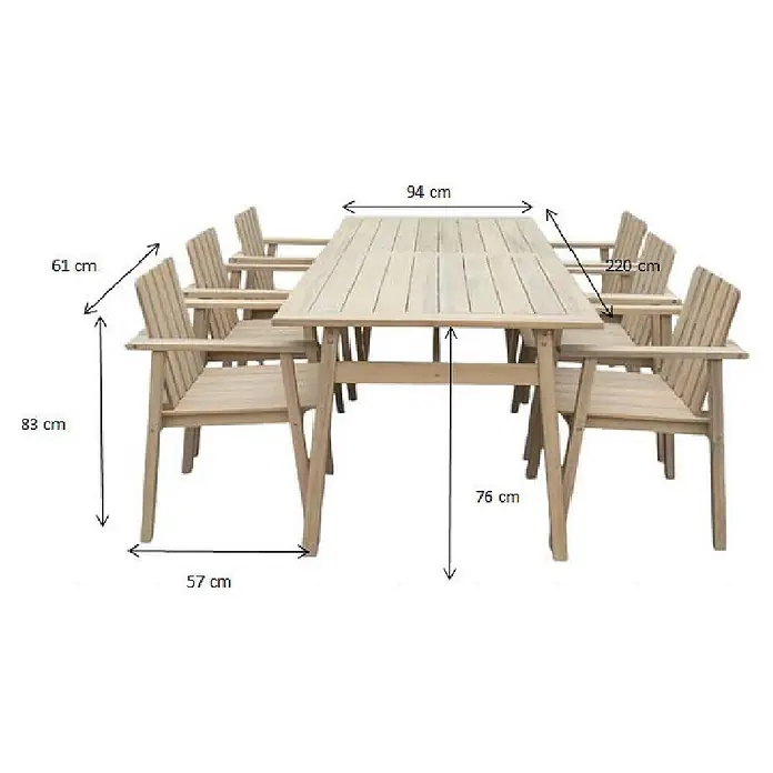 Sunfun Conjunto de muebles Aladar - 7 pzs., Madera de acacia, Natural - Imagen de un conjunto de comedor de madera con seis sillas y dimensiones de altura, anchura y longitud de la mesa, así como altura y profundidad de la silla.