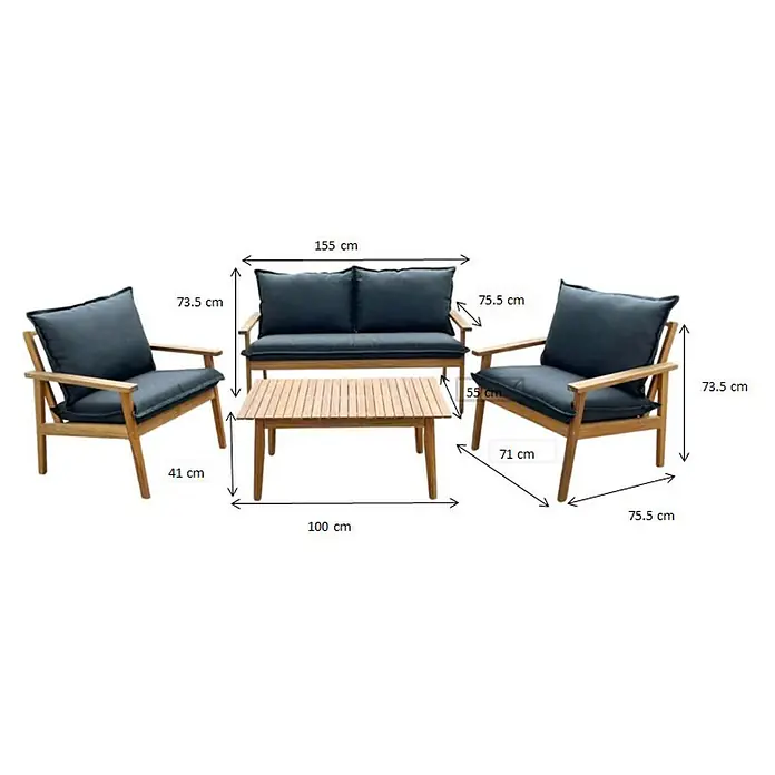 Sunfun Conjunto de muebles Edis - 4 pzs., Madera de acacia, Marrón/Antracita - Imagen de un conjunto de salón de madera con cojines grises y las dimensiones correspondientes en centímetros.