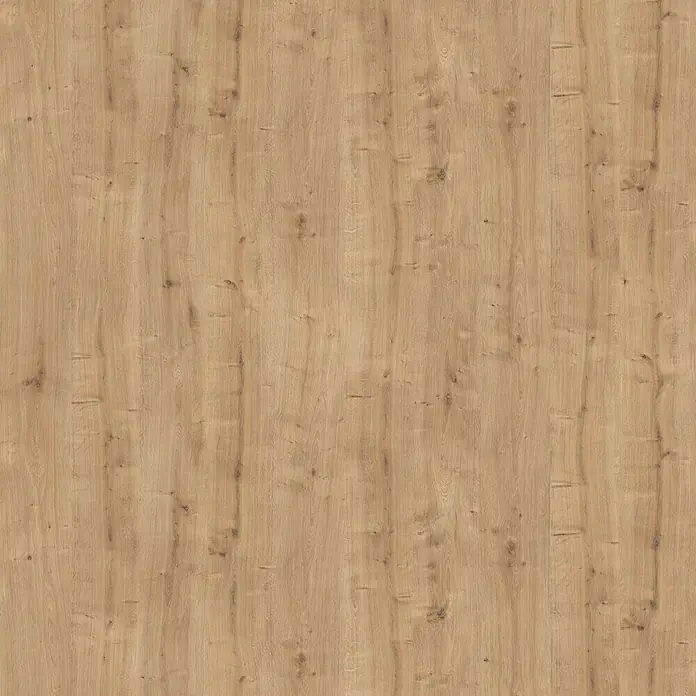 LOGOCLIC Küchenrückwand Fixmaß - Chalete Oak, 410 x 64 cm, Stärke: 13,4 mm - Holzmaserung: Ein Detailaufnahme einer hellbraunen Holzoberfläche, die die natürliche Maserung und Textur des Holzes hervorhebt.