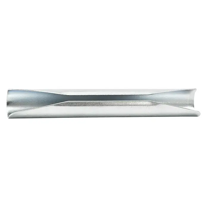 Expo Ambiente Rohrverbinder - Nickel, Geeignet für: Gardinenstangen Ø 16 mm - Nahaufnahme einer silberfarbenen Rohrschelle mit seitlichen Aussparungen, ideal für Sanitär- oder Heizungsinstallationen.