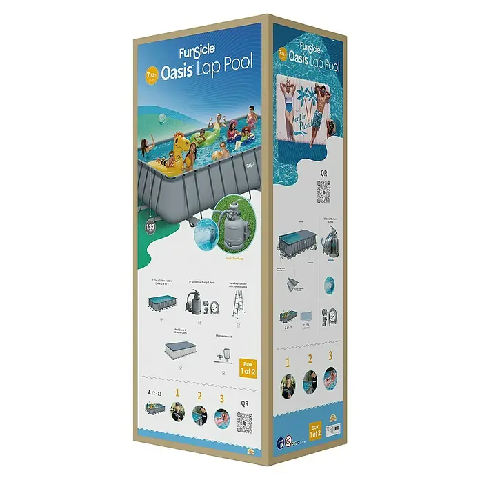 Funsicle Frame-Pool Oasis - L x B x H: 732 x 366 x 132 cm, Grau, 29.470 l - Nahaufnahme der Verpackung für einen "Fungicle Oasis Lap Pool", der eine detaillierte Produktbeschreibung und Bilder des Pools zeigt.