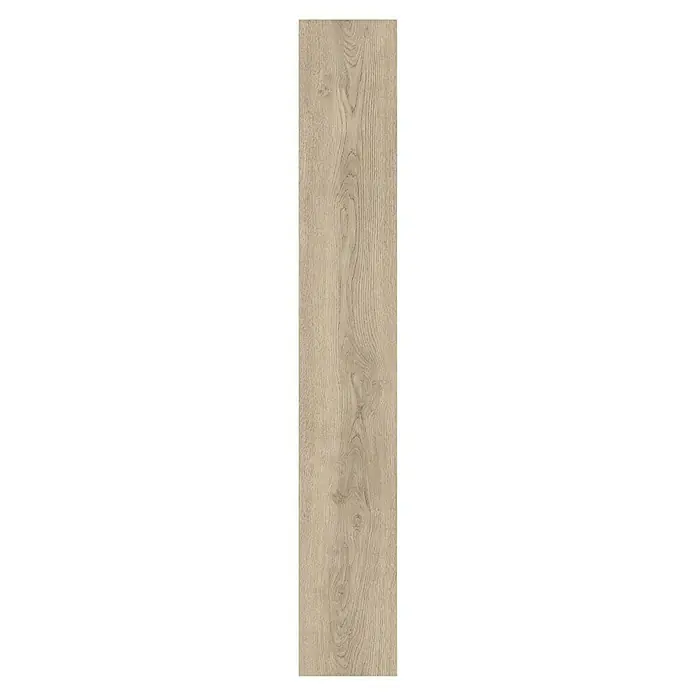 LOGOCLIC Vinto Laminat Classic - Eiche Flinton, Landhausdiele, 1.288 x 195 x 8 mm - Detailaufnahme einer länglichen, hellbraunen Holzfliese mit markanter Maserung für Boden- oder Wandgestaltung.