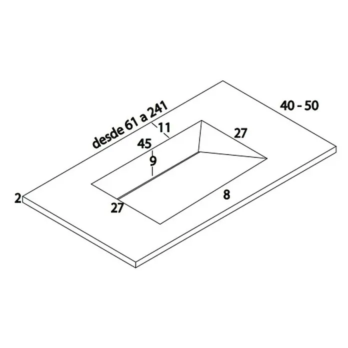 Lavabo Cairo - 81 x 46 cm, Con esmalte antibacteriano, Orificios para grifo: Medio, Sin desbordamiento, Blanco - Vista superior del producto que muestra las dimensiones de un objeto rectangular con un recorte en el centro.