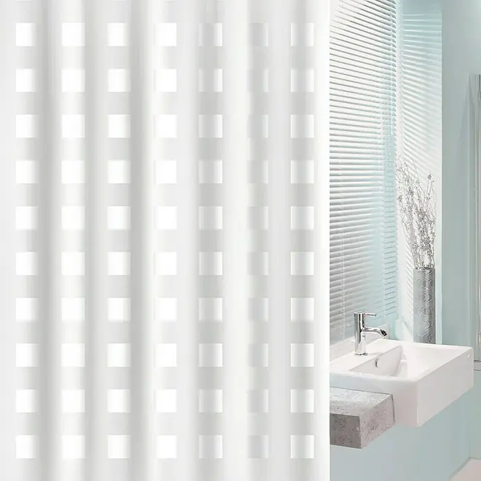 Venus Cortina de baño Cuadros - An x Al: 180 x 200 cm, Plástico, Blanco - Cortina de ducha blanca con estampado cuadrado, complementando el moderno baño con lavabo y persianas.