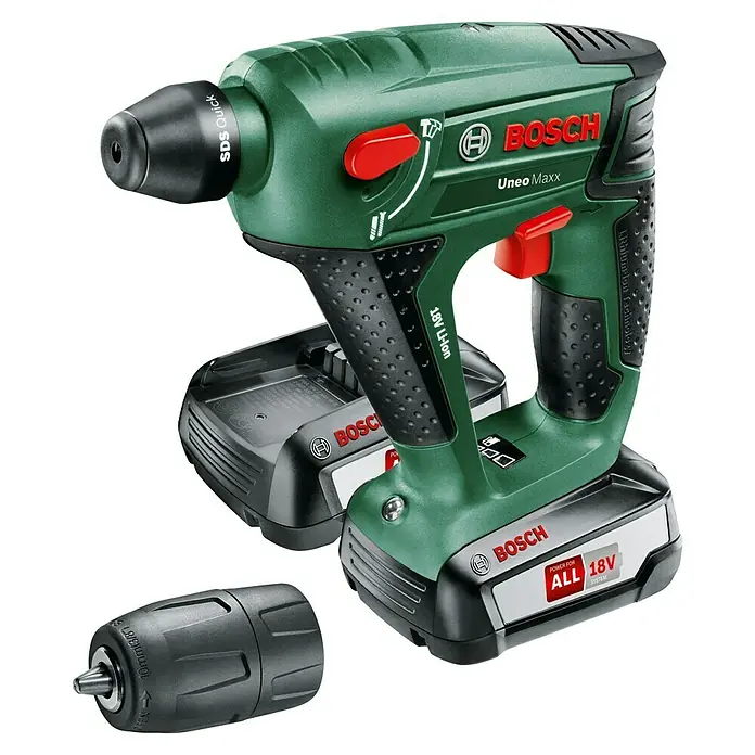 Bosch Power for All 18V Akku-Bohrhammer Uneo Maxx - 18 V, 2 Akkus, 0,6 J - Abbildung einer grünen Bosch Uneo Maxx Akku-Bohrmaschine mit austauschbarem Bohrfutter und Akku.