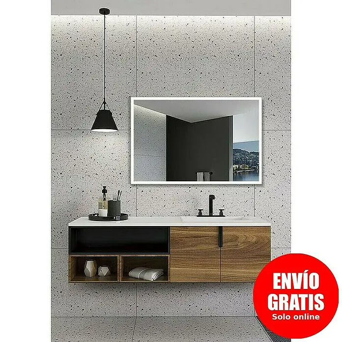 LedImex Espejo con luz Suiza - 140 x 80 cm, Sensor, Función antivaho - Mueble de baño con lavabo, espejo y lámpara colgante. El diseño moderno se acentúa con elementos de madera y pared gris.