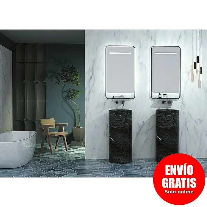 LedImex Espejo con luz Concept - 90 x 100 cm, Función antivaho, Con cargador inalámbrico, Negro - Elegante baño con dos lavabos sobre columnas y espejos iluminados. Un espacio moderno y elegante, acentuado con tonos verdes.