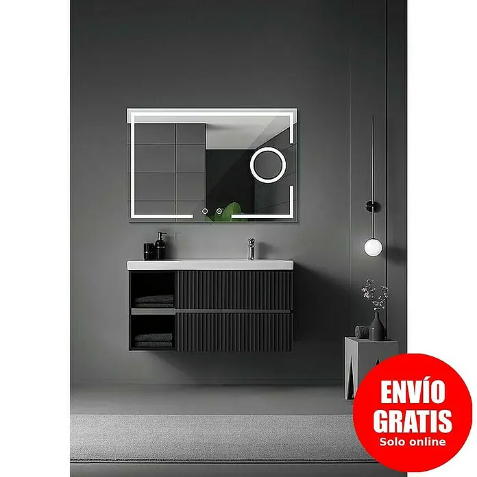 LedImex Espejo con luz Malta - 120 x 80 cm, Sensor, Función antivaho - Un lavabo de baño moderno con espejo iluminado y elegantes luces colgantes para baños estilosos.