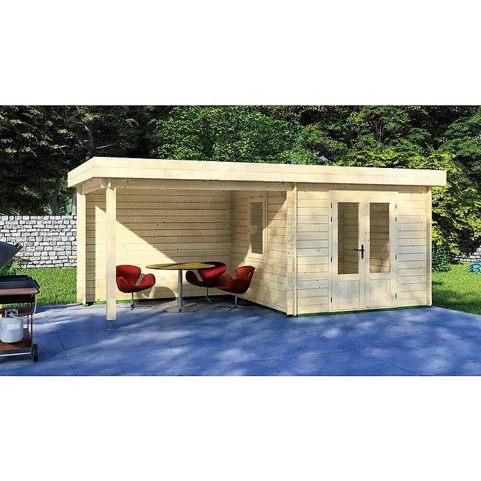 Joda Gartenhaus Valen - Außenmaß inkl. Dachüberstand (B x T): 585 x 290 cm, Holz, Natur - Ein geräumiges Gartenhaus aus hellem Holz mit überdachter Terrasse, ideal für Entspannung und Gartenpartys im Freien.