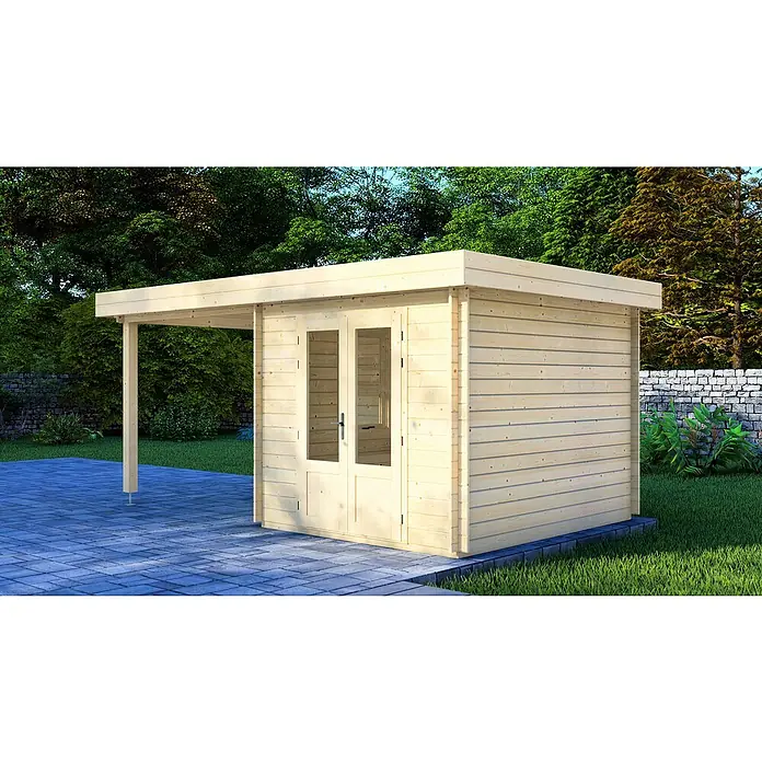 Joda Gartenhaus Valen - Außenmaß inkl. Dachüberstand (B x T): 585 x 290 cm, Holz, Natur - Dieses Bild zeigt ein modernes Gartenhaus mit einem flachen Dach und einer überdachten Veranda. Das Haus ist aus hellem Holz gefertigt und hat eine Doppeltür.