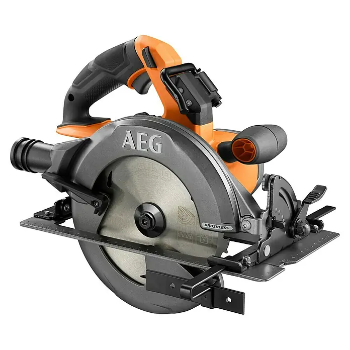 AEG Pro 18V Akku-Handkreissäge BKS 18BL2 - 18 V, Ohne Akku, 0 U/min - 5.400 U/min - AEG bürstenlose Kreissäge mit grauem Gehäuse, orangefarbenen Akzenten und silbernem Sägeblatt für präzises Schneiden.