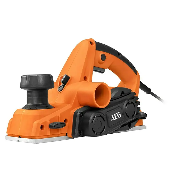 AEG Elektrohobel PL700 700 W - 700 W, Hobeltiefe: 0 mm - 2 mm, Leerlaufdrehzahl: 17.000 U/min - Orange-schwarzer Elektrohobel mit Tiefeneinstellknopf, Staubanschluss und Netzkabel.
