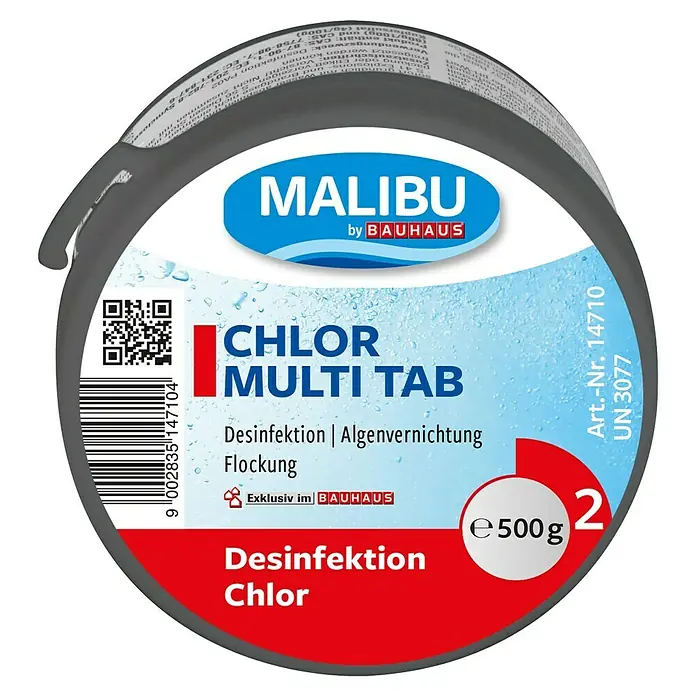 Malibu Chlorblock - 0,5 kg - Bild einer Dose Malibu Chlor Multi Tab, verwendet zur Desinfektion und Algenbekämpfung in Pools, exklusiv bei Bauhaus erhältlich.