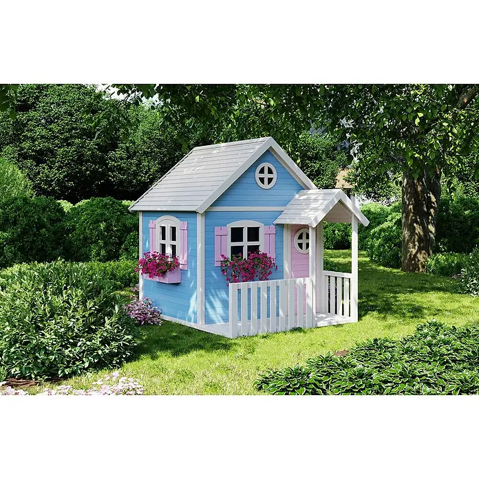 Joda Spielhaus - L x B x H: 210 x 193 x 230 cm, Holz, Hellblau - Ein blaues und rosa Spielhaus mit weißen Akzenten im Garten. Ideal für Kinder zum Spielen und Spaß haben.