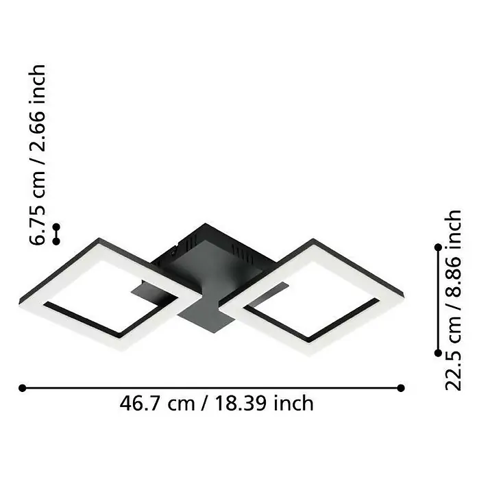 Eglo LED-Deckenleuchte PARANDAY-Z - 15,5 W, L x B x H: 47 x 22,5 x 6 cm, Schwarz - Produktbild einer Deckenleuchte mit drei quadratischen Lampen. Die Lampe ist schwarz mit weißen Akzenten und hat die Maße 46.7x22.5x6.75 cm.