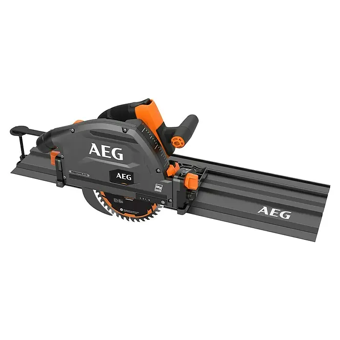 AEG Pro 18V Akku-Tauchsäge BKS 18PBL - 18 V, Ohne Akku, Durchmesser Sägeblatt: 165 mm, 0 U/min - 5.000 U/min - AEG dunkelgraue und orangefarbene Kreissäge mit Führungsschiene, bürstenlosem Motor und Hart-/Rahmenholzsägeblatt.