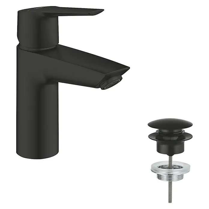 Grohe Start Waschtischarmatur S-Size - Ausladung Armatur: 109 mm, Matt, Schwarz - Schwarzer Waschtischmischer mit Ablaufgarnitur. Elegantes Design für moderne Badezimmer, sorgt für einen stilvollen Look.
