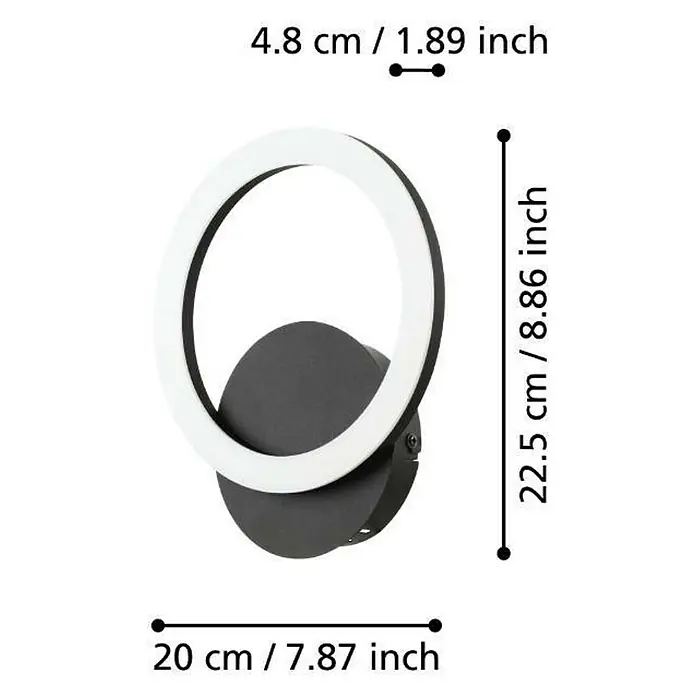 Eglo LED-Deckenleuchte PARRAPOS-Z - 12 W, L x B x H: 20 x 24 x 24 cm, Schwarz - Abmessungen der runden LED-Wandleuchte in Schwarz und Weiß mit den Maßen 20 cm Breite, 22,5 cm Höhe und 4,8 cm Tiefe.