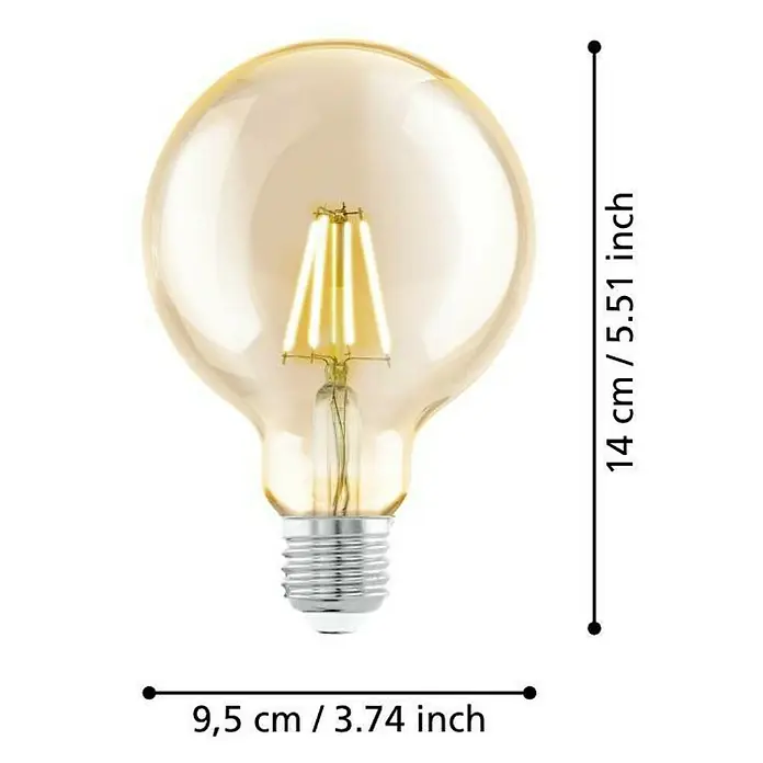 Eglo LED-Lampe - E27, Nicht Dimmbar, Warmweiß, 330 lm, 4 W, G95 - Diese Nahaufnahme zeigt eine dekorative Edison-Glühbirne mit warmem Licht und den Maßen 14 cm Höhe und 9,5 cm Breite.