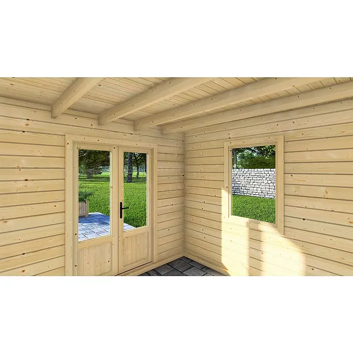 Joda Gartenhaus Nordskar - Außenmaß inkl. Dachüberstand (B x T): 290 x 290 cm, Natur - Helle Holzhütte mit doppelter Tür und Fenster, die einen Blick auf Garten und Steinmauer ermöglichen. Natürliches Design für Ruhe und Entspannung.