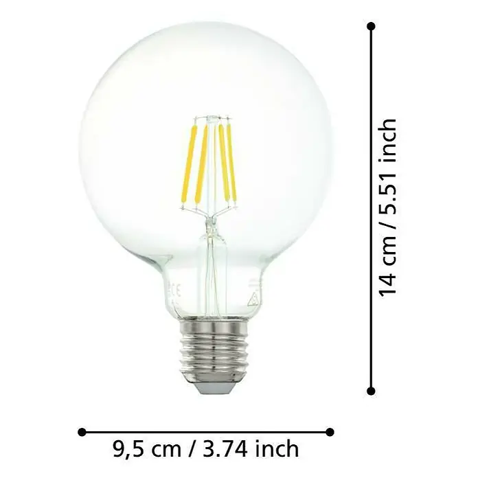 Eglo LED-Lampe Vintage Globe-Form E27 - E27, Nicht Dimmbar, Warmweiß, 600 lm, 5 W - Bild einer klaren LED-Globuslampe mit den Maßen 14 cm Höhe und 9,5 cm Durchmesser, perfekt für dekorative Beleuchtung.