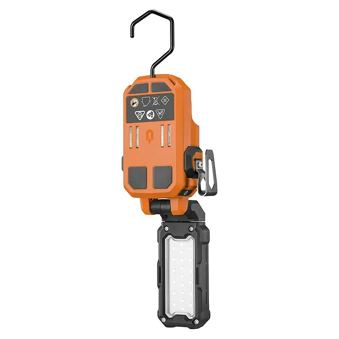 AEG Pro 18V LED-Arbeitsleuchte BML 18 - 18 V, Ohne Akku, 850 lm, Aufhängehaken - Orange-schwarze LED-Arbeitsleuchte mit Haken zum Aufhängen und Magnetfuß.