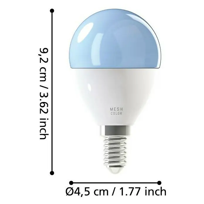 Eglo connect.z Smart-LED-Lampe Zigbee RGB/CCT - E14, Dimmbarkeit: Nicht Dimmbar, RGBW, 470 lm, 4,9 W - Nahaufnahme einer farbigen Mesh-LED-Lampe mit den Abmessungen 9,2 cm Höhe und 4,5 cm Durchmesser.