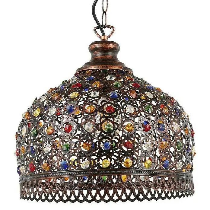 Eglo Pendelleuchte rund Jadida - 60 W, Ø x H: 330 mm x 110 cm, Antik Braun, E27 - Rustikale Hängelampe mit bunten Glassteinen. Verleiht jedem Raum einen Hauch von orientalischem Flair und sorgt für eine gemütliche Atmosphäre.