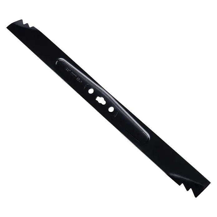 Scheppach Ersatzmesser für Rasenmäher - Scheppach Rasenmäher MR224-61 & MR196-61, 1 Stk. - Nahaufnahme eines schwarzen Rasenmähermessers mit Zacken, das auf einem dunklen Hintergrund liegt.