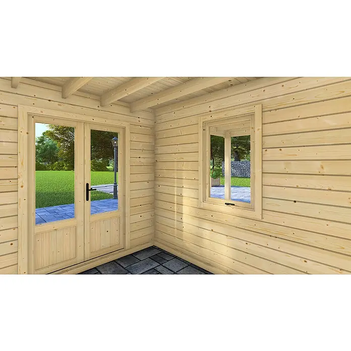Joda Gartenhaus Valen - Außenmaß inkl. Dachüberstand (B x T): 585 x 290 cm, Holz, Natur - Innenansicht eines hellen Holzhauses mit Fenster und Doppeltür, die einen Blick nach draußen auf eine gepflegte Rasenfläche ermöglichen.
