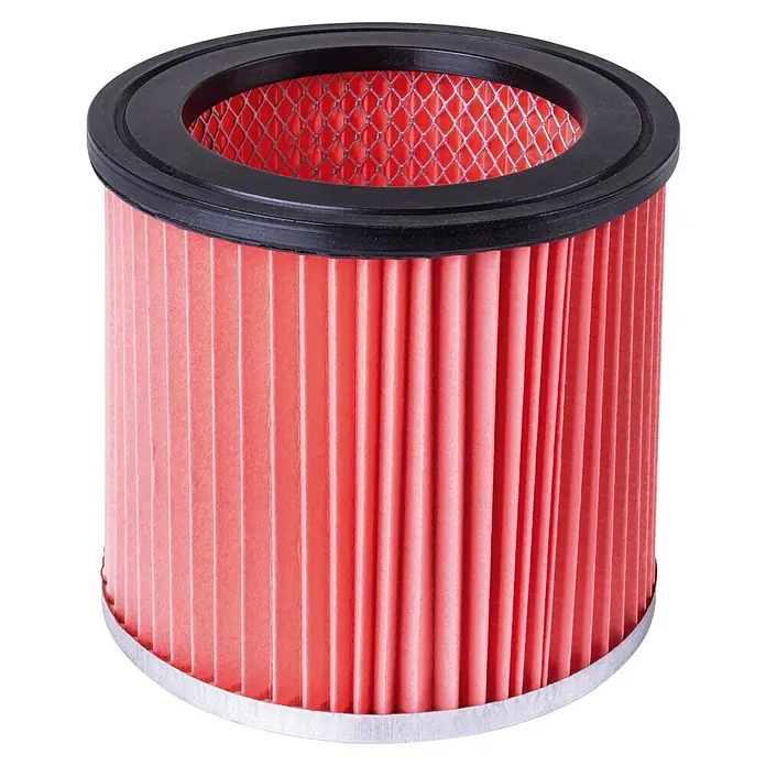 Scheppach Asche- & Grobschmutzfilter - 1 Stk. - Nahaufnahme eines roten, zylindrischen Luftfilters mit schwarzem Rand, der für eine effektive Staub- und Schmutzfilterung sorgt.
