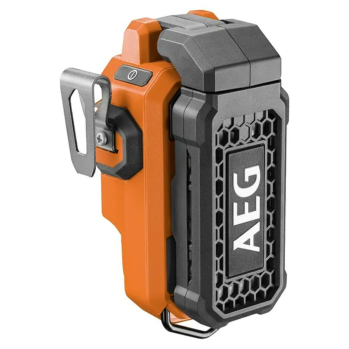 AEG Pro 18V LED-Arbeitsleuchte BML 18 - 18 V, Ohne Akku, 850 lm, Aufhängehaken - Orange-schwarzes tragbares Werkzeugzubehör mit AEG-Logo, Metallclip und Einschaltknopf.