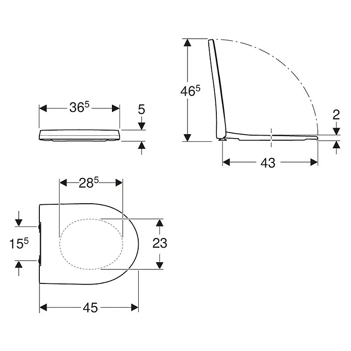 Geberit iCon WC-Sitz Slim - Duroplast, Weiß, Mit Absenkautomatik, Nicht abnehmbar - Technische Zeichnung eines Toilettensitzes mit Deckel, der die Abmessungen und Details des Produkts zeigt.