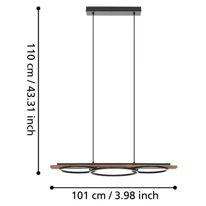Eglo Boyal LED-Pendelleuchte - 40,5 W, L x B x H: 101 x 40 x 110 cm, Schwarz/Braun-rustikal, Warmweiß - Bild mit den Abmessungen der Hängeleuchte mit drei Ringen in Schwarz und Holz. Gesamthöhe: 110 cm, Breite: 101 cm.