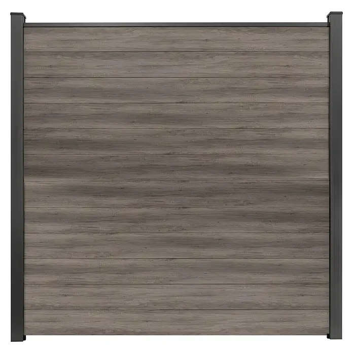 GroJa BasicLine Steckzaun Schmal - 180 x 180 cm, Monument Oak - Graues Holz-Sichtschutzelement mit dunkelgrauen Metallpfosten und Oberleiste.