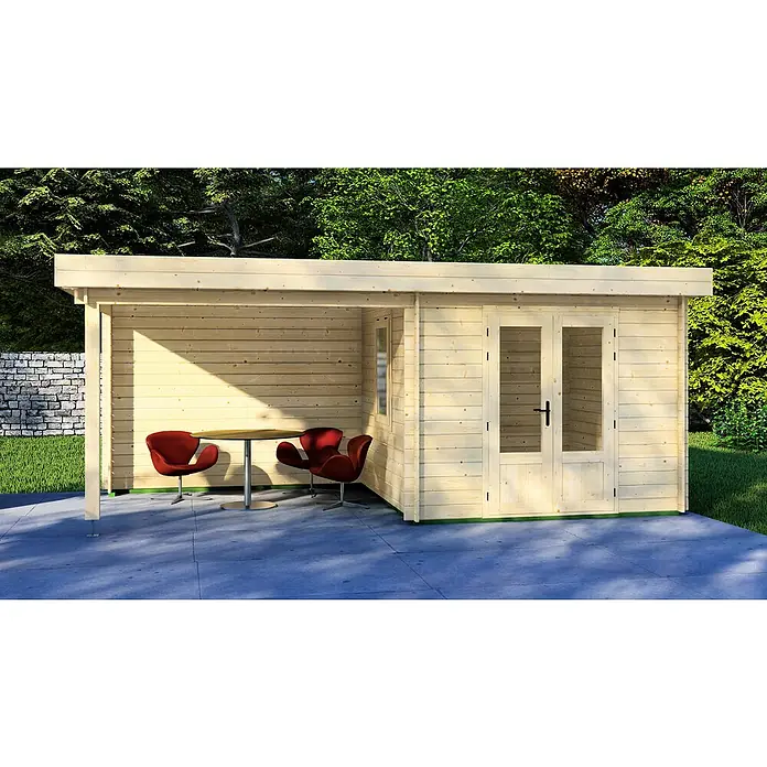 Joda Gartenhaus Valen - Außenmaß inkl. Dachüberstand (B x T): 585 x 290 cm, Holz, Natur - Abbildung eines Holzgartenhauses mit Terrasse, ideal für entspannende Momente im Freien. Elegantes Design mit praktischem Nutzen.