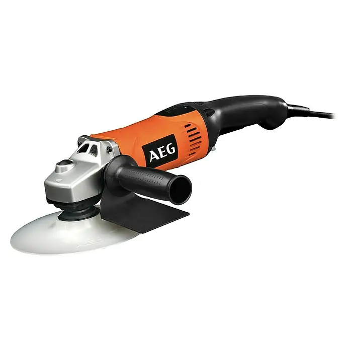 AEG Tellerschleifer SE 12-180 - 1.200 W, Durchmesser Schleifteller: 180 mm, Leerlaufdrehzahl: 1.800 U/min - 1.400 U/min - Orange-schwarzer AEG Winkelschleifer mit silbernem Kopf und weißem Schleifteller, mit Seitenhandgriff.