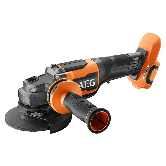 AEG Pro 18V Akku-Winkelschleifer BEWS 18-125BLPX2 - 18 V, Ohne Akku, Durchmesser Scheibe: 125 mm - AEG Akku-Winkelschleifer mit orange-schwarzem Gehäuse, montiertem Seitenhandgriff und Schleifscheibe.