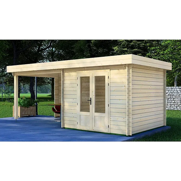 Joda Gartenhaus Valen - Außenmaß inkl. Dachüberstand (B x T): 585 x 290 cm, Holz, Natur - Außenansicht eines Holzgartenhauses mit Flachdach, das sich ideal als Büro oder Gartenlounge eignet und mit einer einladenden Veranda ausgestattet ist.