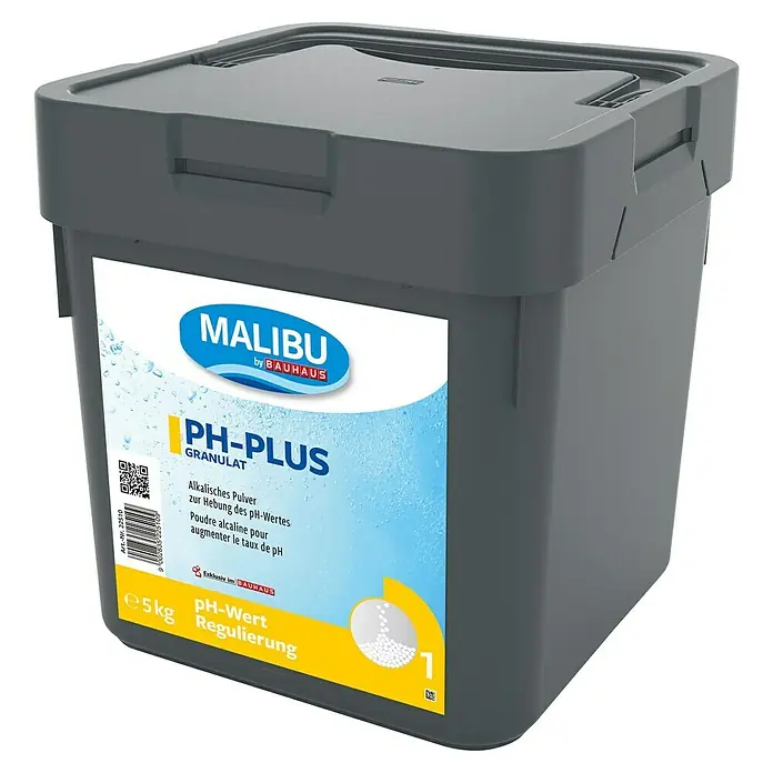 Malibu pH-Plus - 5 kg - Grauer Eimer Malibu pH-Plus Granulat zur Regulierung des pH-Wertes im Pool mit einem Gewicht von 5 kg.