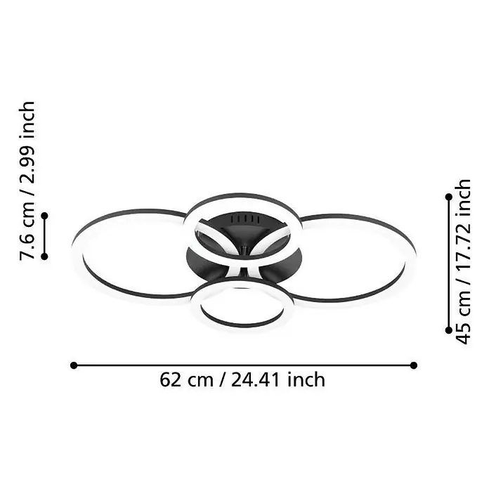 Eglo LED-Deckenleuchte PARANDAY-Z - 41 W, L x B x H: 61,5 x 45 x 8 cm, Schwarz - Abmessungen der modernen LED-Deckenleuchte mit ringförmigem Design in Schwarz und Weiß.