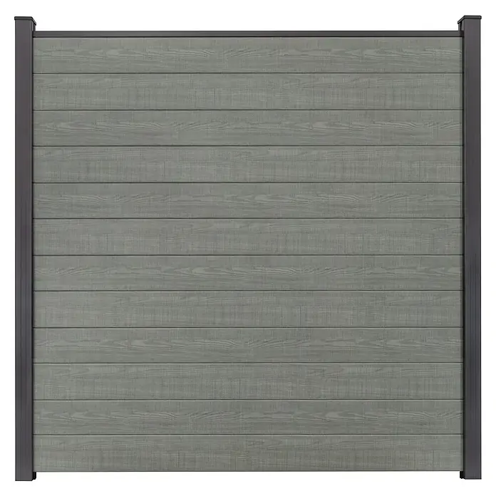 GroJa BasicLine Steckzaun Schmal - 180 x 180 cm, Grey Ash Cut - Grau-grünes Zaunpaneel mit horizontalen Lamellen und dunkelgrauem Rahmen.
